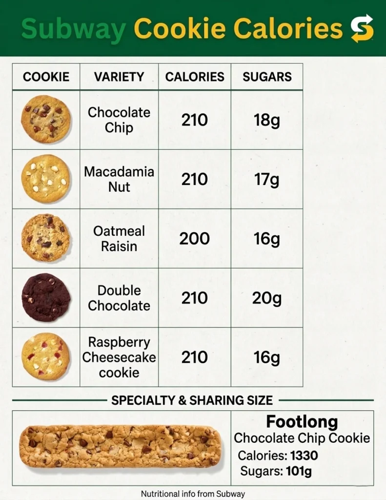 Subway cookies calorie and sugars comparison table