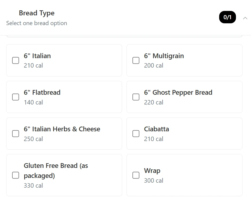 Subway Canada bread menu
